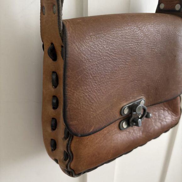 VTG Boho Thick Leather Latch Handmade Saddle Bag 70s Crossbody Purse - Picture 13 of 16